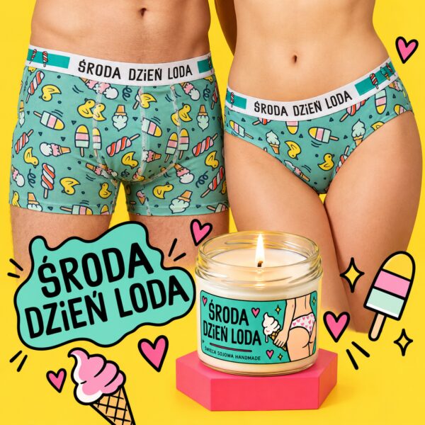 Zestaw dla PAR – lody – figi & bokserki + świeca sojowa