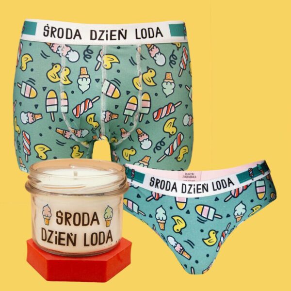 Zestaw dla PAR – lody – figi & bokserki + świeca sojowa